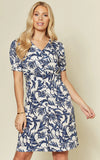 Button Front Summer Dress in Blue/White Leaf Print