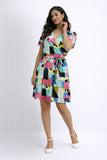 Abstract Print Faux Wrap Tie Dress
