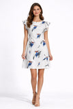 Bird Print Flutter Sleeve Shift Dress