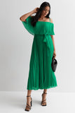 Pleated Bardot Midaxi Dress