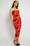 Abstract Print Ruched Strapless Mesh  Midi Dress