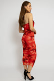 Abstract Print Ruched Strapless Mesh  Midi Dress
