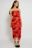 Abstract Print Ruched Strapless Mesh  Midi Dress