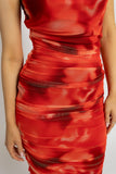 Abstract Print Ruched Strapless Mesh  Midi Dress