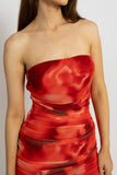 Abstract Print Ruched Strapless Mesh  Midi Dress