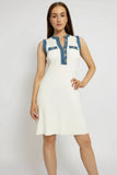 Chic Sleeveless Dress with Denim Trim
