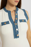 Chic Sleeveless Dress with Denim Trim