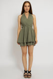 Olive Green Crinkled Halter Playsuit Dress