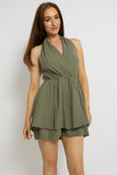 Olive Green Crinkled Halter Playsuit Dress