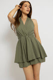 Olive Green Crinkled Halter Playsuit Dress