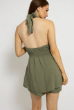 Olive Green Crinkled Halter Playsuit Dress
