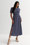 Short Sleeve Maxi Dress in Polka Dots - NAVY