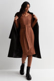 Front Tie Bodycon Knit Dress - BROWN