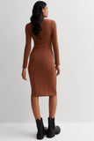 Front Tie Bodycon Knit Dress - BROWN
