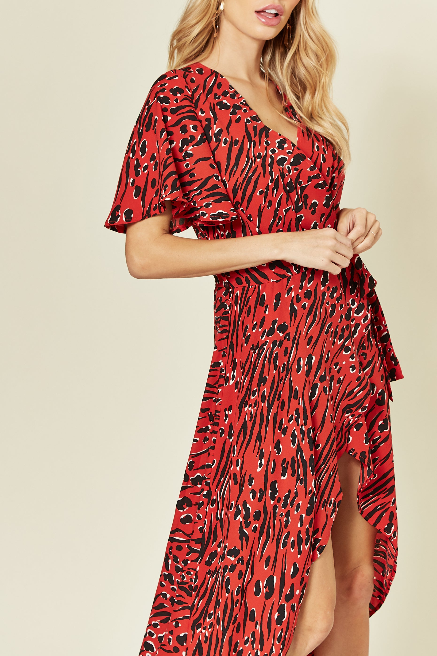 Cape Sleeve Wrap Dress in Red/Black Print