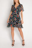 Wrap Mini Dress In Tropical Floral Black