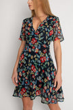 Wrap Mini Dress In Tropical Floral Black
