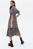 Grey Leopard Print Frill Tiered Midi Dress